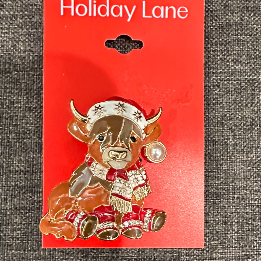 Holiday Lane Festive Highland Cow Pin With Gold And Red Accents
